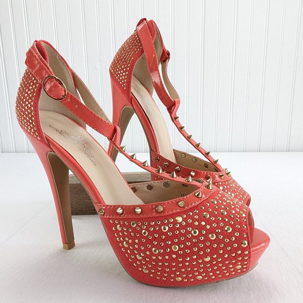 Women's Heels 9 Orange Gold Spikes Peep Toe Ankle Strap Marilyn Moda Melosa